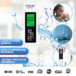 Medidor digital TDS&EC con pantalla verde, botones negros y display de lectura. Incluye círculos con niña bebiendo agua, vaso llenándose y mano sosteniendo el dispositivo. Logos de canales en la base.