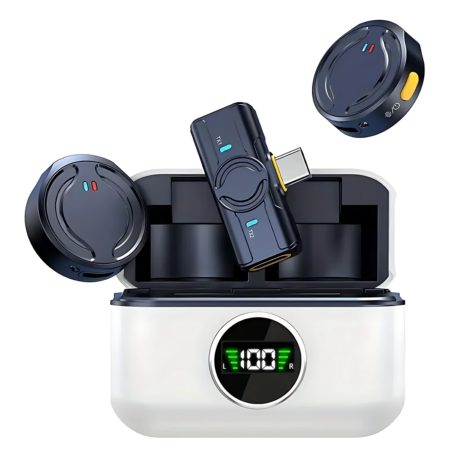 Micrófono inalámbrico Q81 en estuche blanco con pantalla digital mostrando 100% de carga, auriculares negros y cable USB-C visibles.
