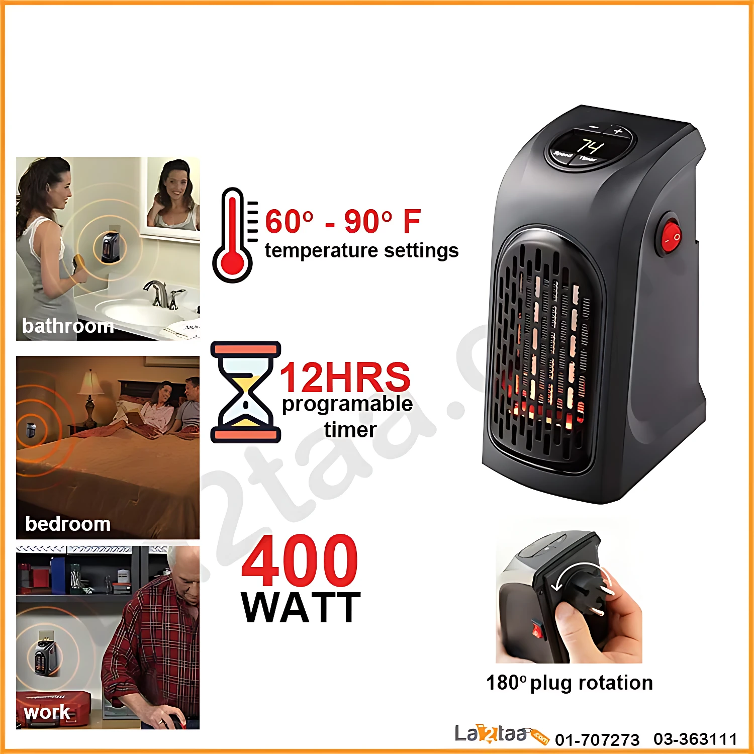 Calefactor eléctrico portátil negro con pantalla digital y rejilla frontal. Incluye botón rojo lateral y enchufe giratorio de 180 grados. Iconos de uso en baño, dormitorio y trabajo. 400 Watts.