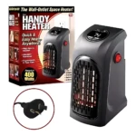 Calefactor eléctrico portátil Handy Heater en color negro con panel digital y rejilla frontal. Se muestra junto a su caja de 400 Watts y el enchufe de tres patas incluido.