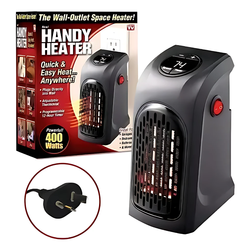 Calefactor eléctrico portátil Handy Heater en color negro con panel digital y rejilla frontal. Se muestra junto a su caja de 400 Watts y el enchufe de tres patas incluido.