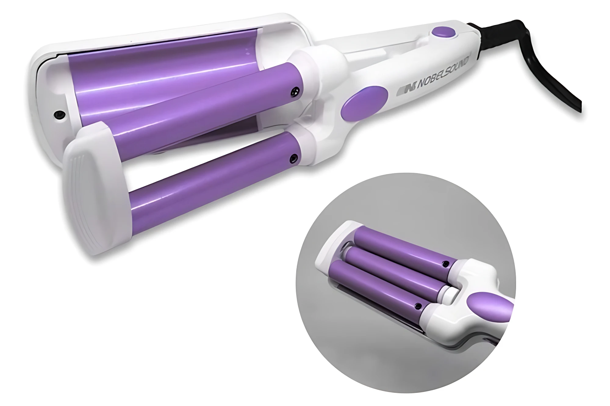 Ondulador eléctrico NOBELSOUND morado con tres cilindros, ideal para crear ondas playeras.