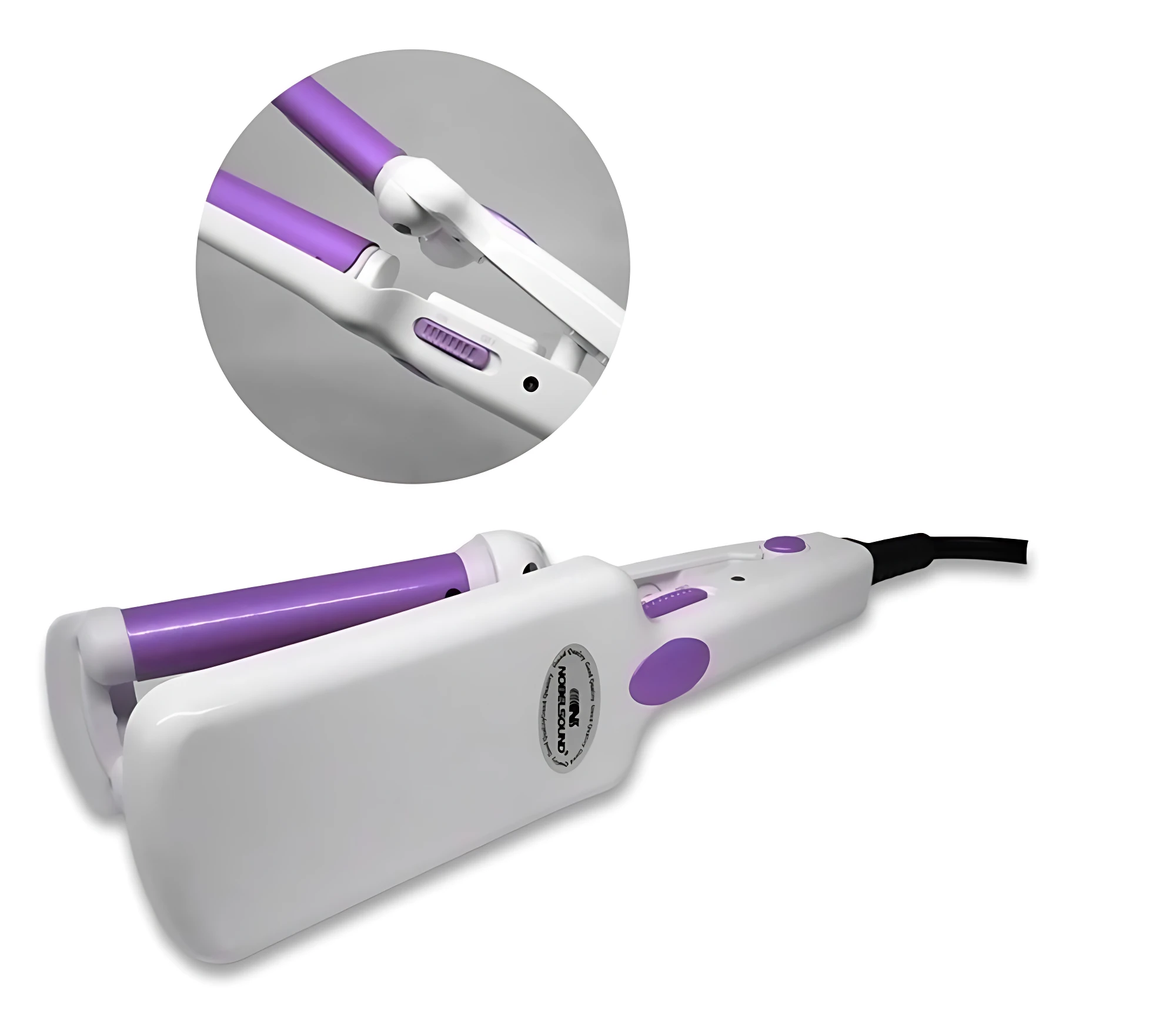 Mini ondulador eléctrico portátil NOBELSOUND blanco con detalles morados, ideal para crear ondas sin frizz.