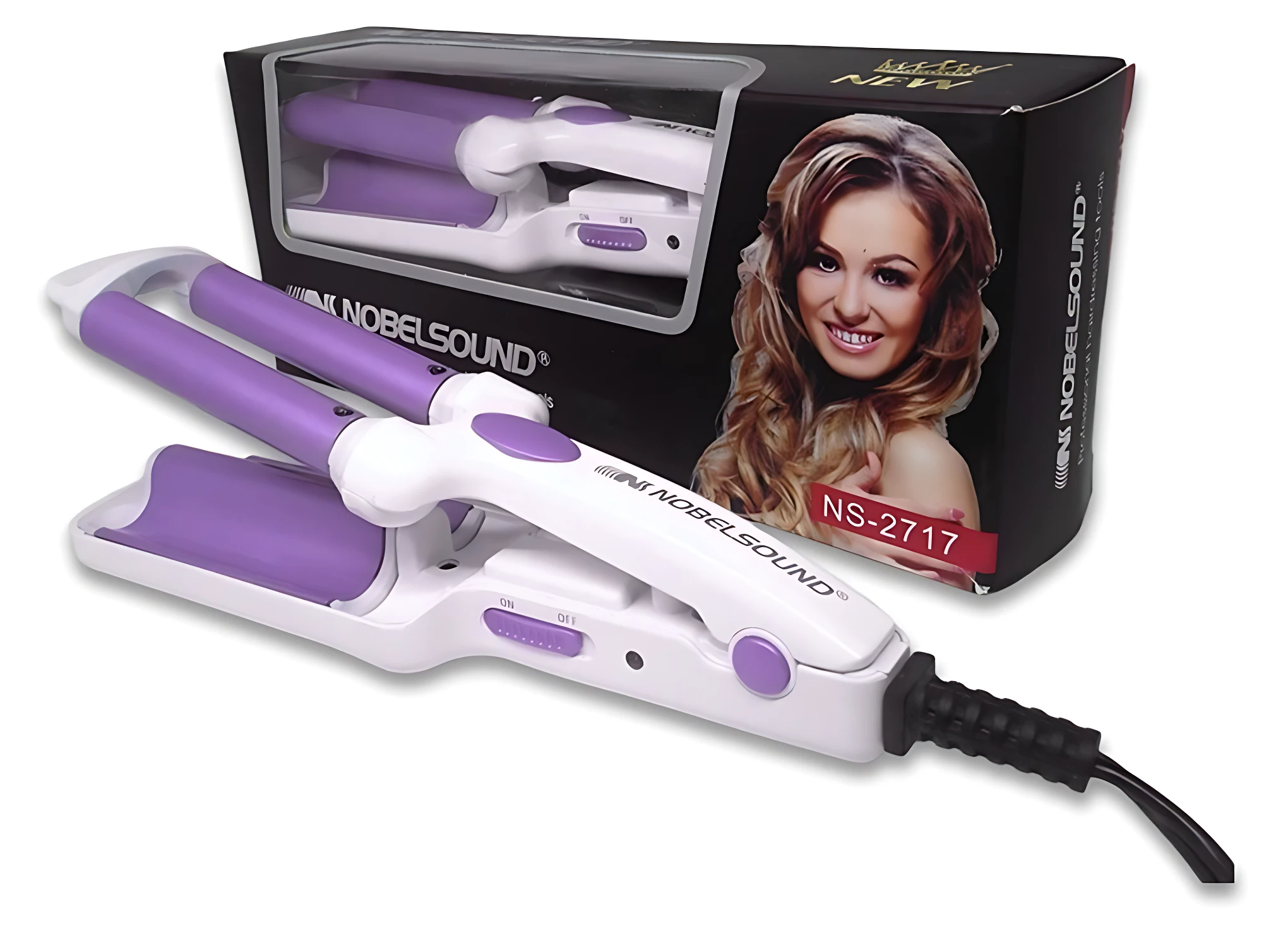Mini ondulador eléctrico portátil NOBELSOUND blanco y morado, modelo NS-2717, para crear ondas.