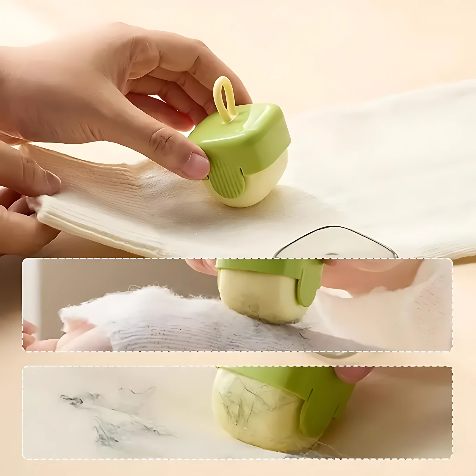 Rodillo quitapelusa verde con mango amarillo, en uso sobre tela blanca para retirar pelusa y pelos de mascotas.