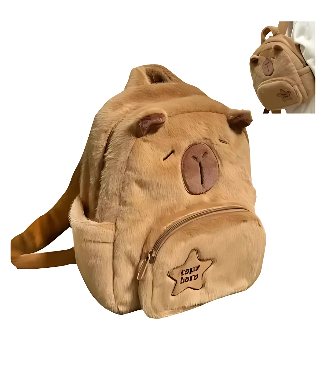 Mochila escolar infantil de felpa color beige con diseño de capibara kawaii, incluye bolsillo frontal con estampa de estrella y detalle de orejas y hocico en relieve.