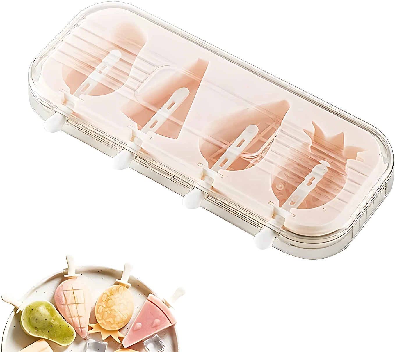 Molde para helados de frutas con tapa, color rosa pálido, para 4 paletas con diseño de frutas.