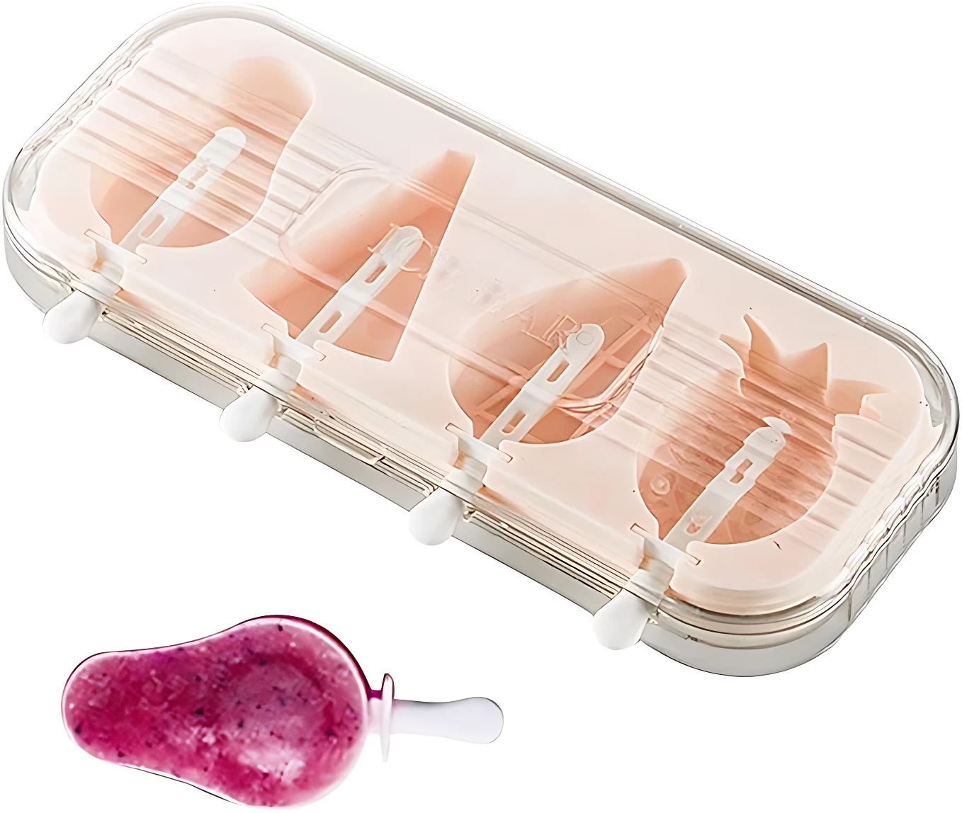 Molde para helados de silicona rosa con forma de fruta, incluye paleta de postre morada.