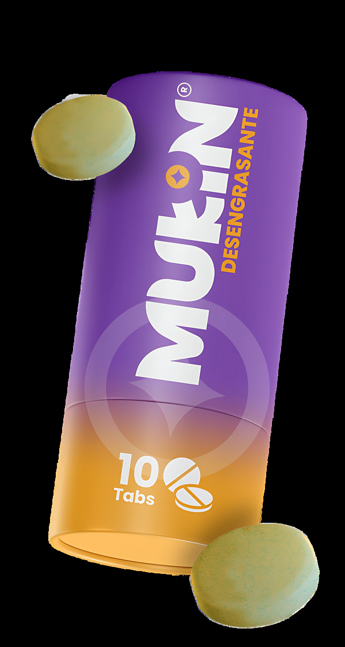 Envase cilíndrico de Mukin Desengrasante con degradado morado a naranja. Muestra la indicación "10 Tabs" y dos tabletas efervescentes verdes flotando a los lados.