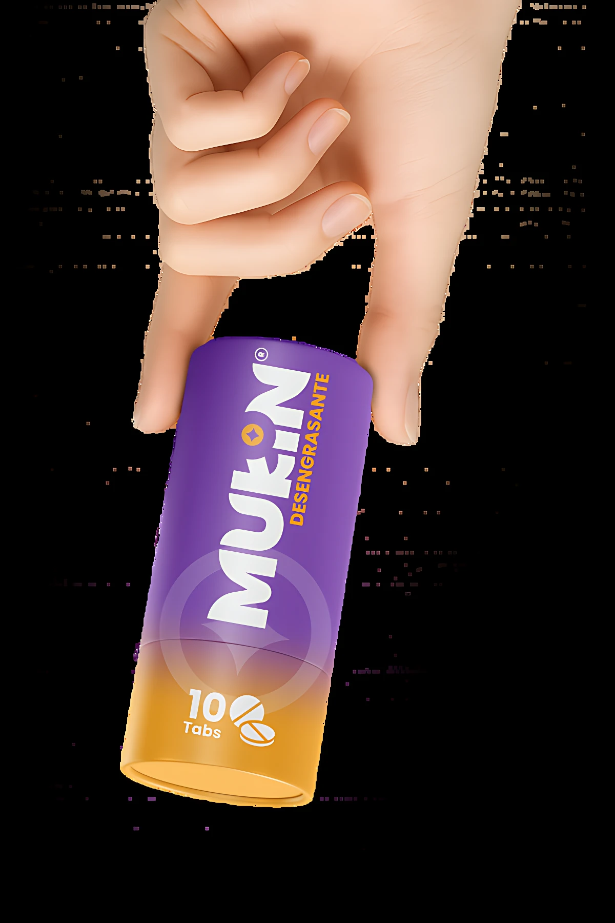 Mano sosteniendo envase cilíndrico de Mukin Desengrasante. El empaque presenta un degradado de morado a naranja con la inscripción de 10 Tabs. Fondo negro con partículas doradas.