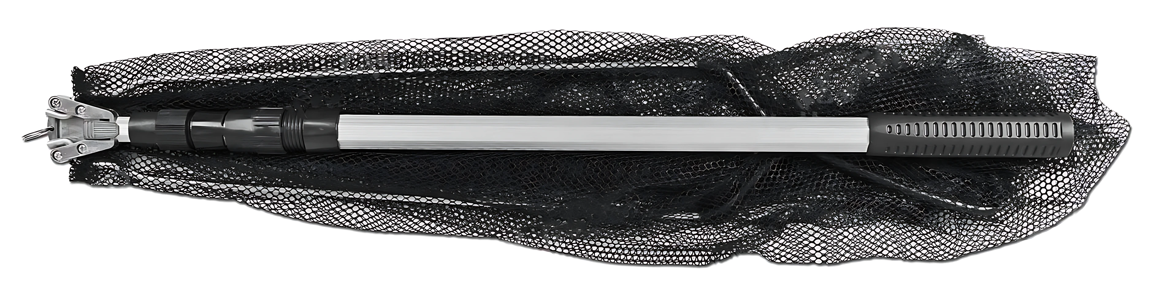 Nasa de pesca extensible plegable con mango telescópico de aluminio y red negra.