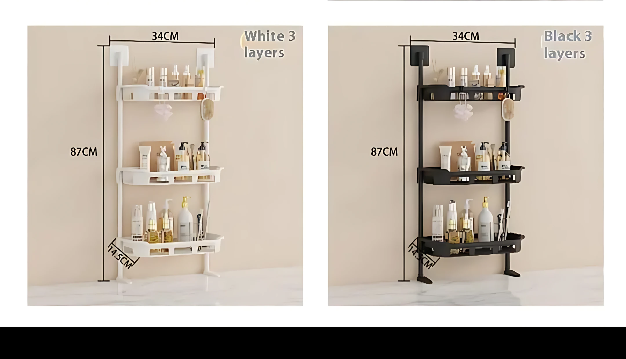 Organizador de baño vertical de tres niveles en blanco y negro, con medidas de 87 cm de alto y 34 cm de ancho, mostrando ambas variantes de color.