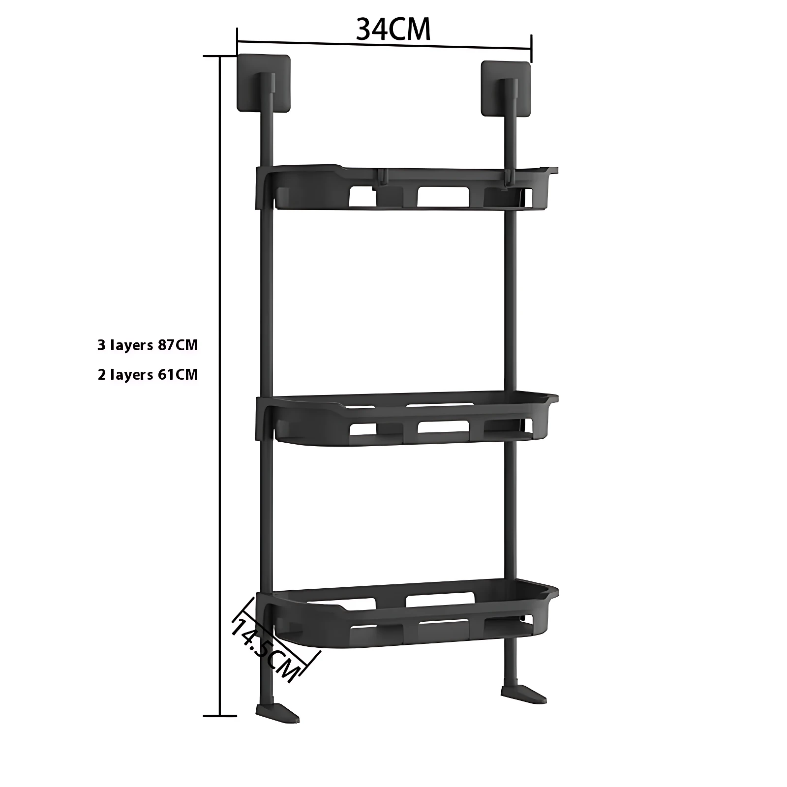 Organizador de baño vertical en color negro, con tres niveles y medidas de 87 cm de altura por 34 cm de ancho, ideal para maximizar el espacio en el baño.