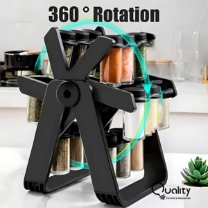 Organizador de condimentos giratorio en color negro, con rotación de 360 grados, diseñado para optimizar el espacio en la encimera y facilitar el acceso rápido a todas las especias.
