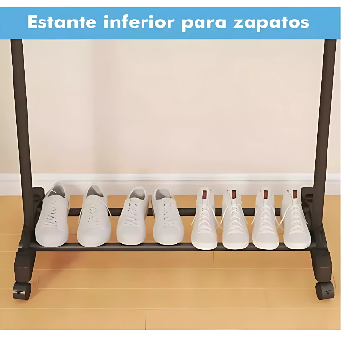 Estante inferior negro con ruedas, mostrando seis pares de zapatos blancos alineados en su superficie horizontal.