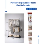 Perchero doble nivel reforzado en color negro, con barras horizontales para colgar ropa y cajones inferiores. Medidas visibles: 120 cm de ancho, 185 cm de alto y 45 cm de profundidad. Ideal para organizar prendas y accesorios en espacios verticales.