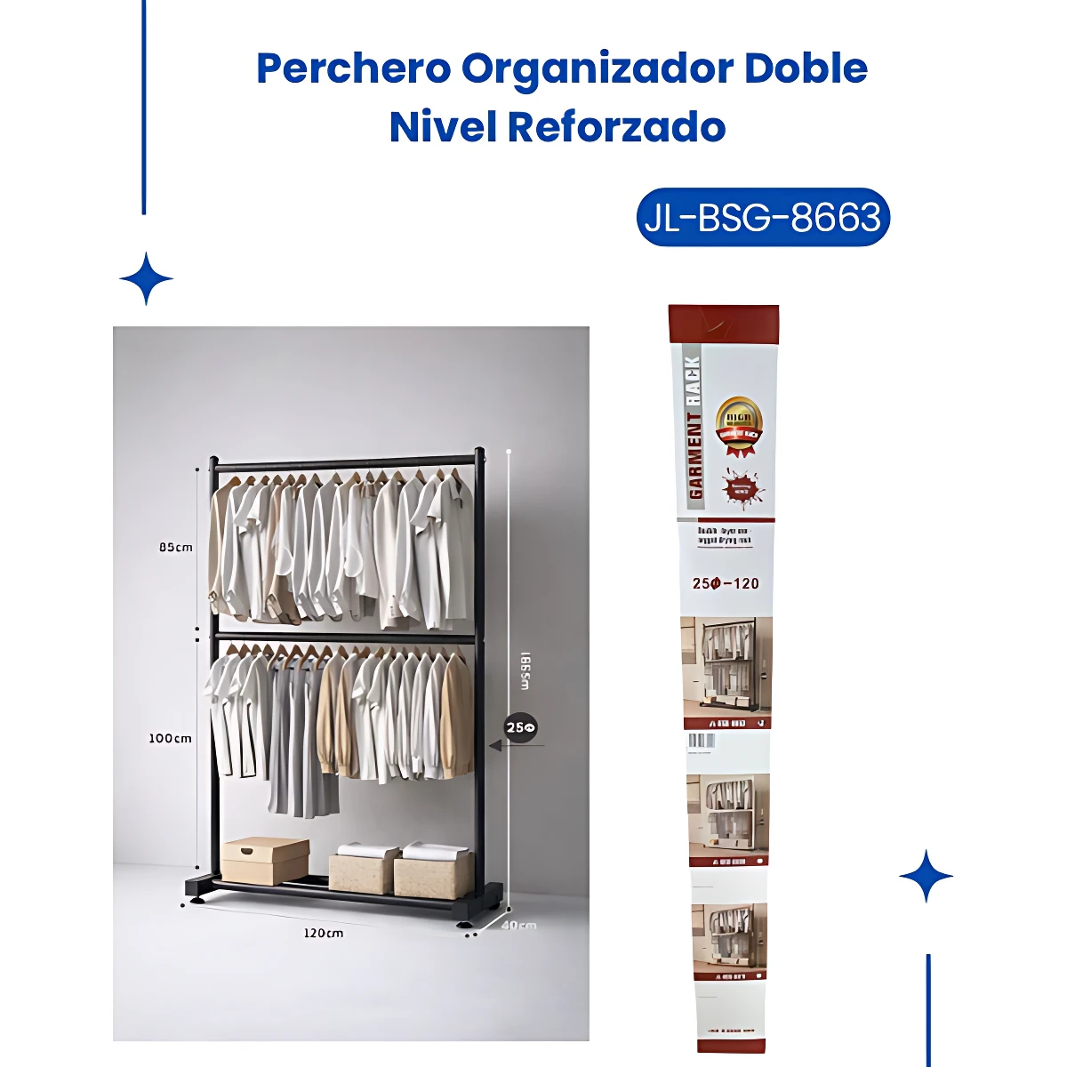 Perchero doble nivel reforzado en color negro, con barras horizontales para colgar ropa y cajones inferiores. Medidas visibles: 120 cm de ancho, 185 cm de alto y 45 cm de profundidad. Ideal para organizar prendas y accesorios en espacios verticales.