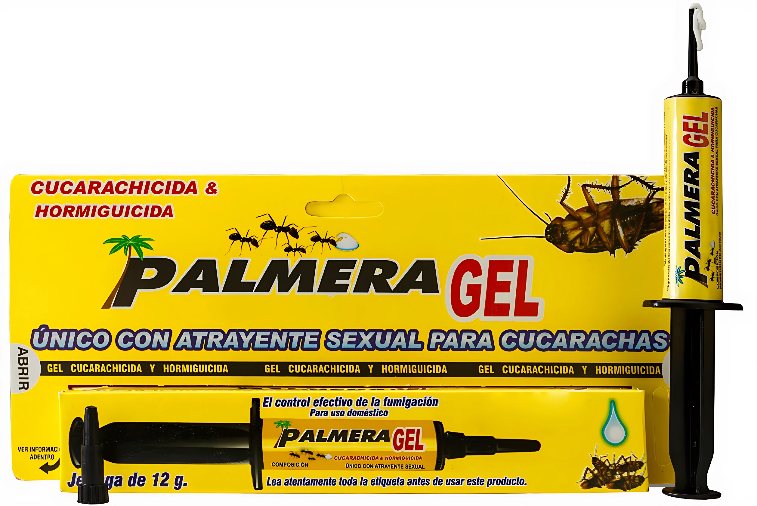 Paquete amarillo de Palmera Gel mata cucarachas con atrayente sexual, incluye aplicador y tubo de 12 gramos.