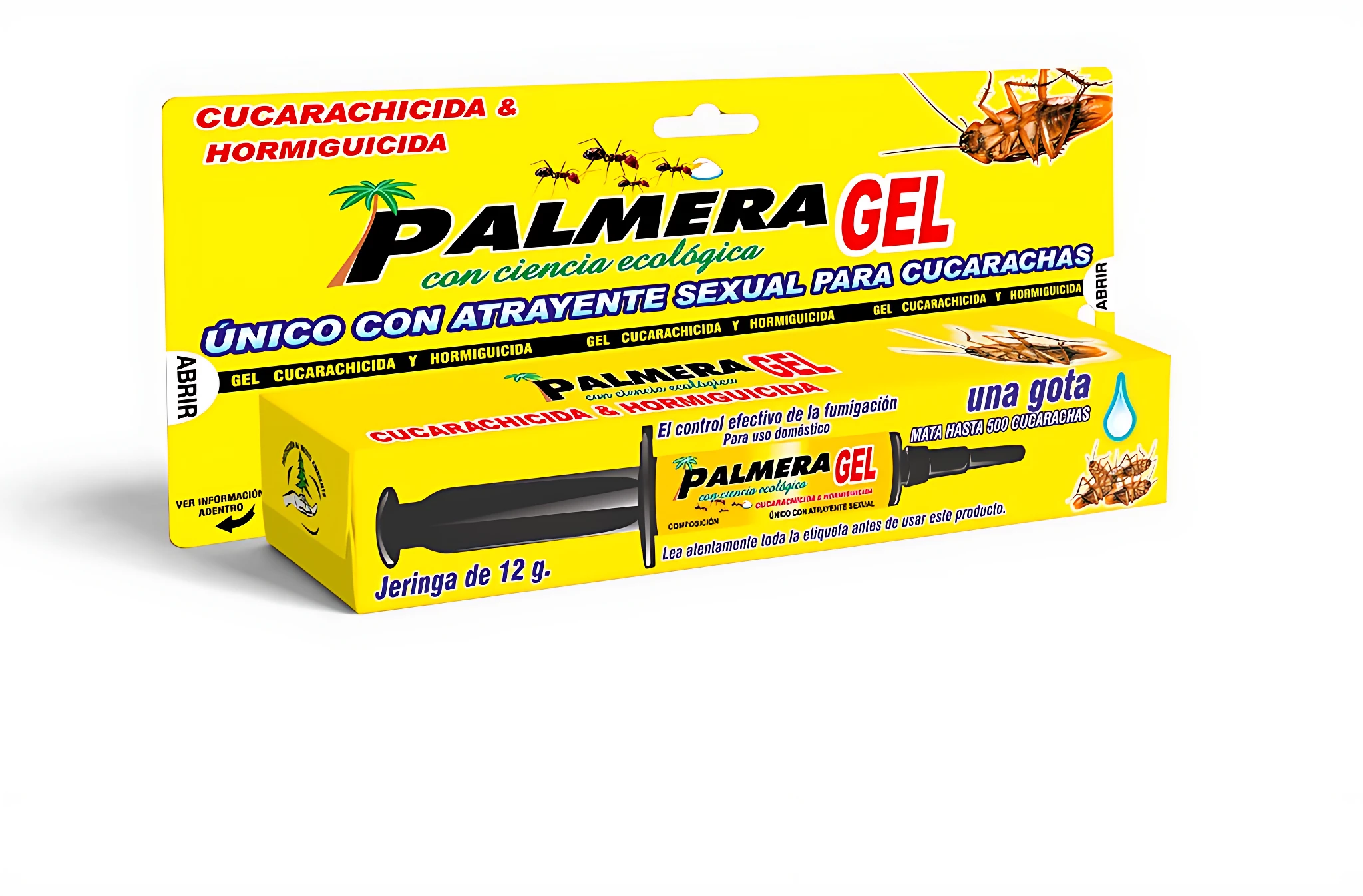 Paquete amarillo de Palmera Gel Mata Cucarachas con Atrayente Sexual, incluye jeringa de 12 g y muestra cucarachas y hormigas.