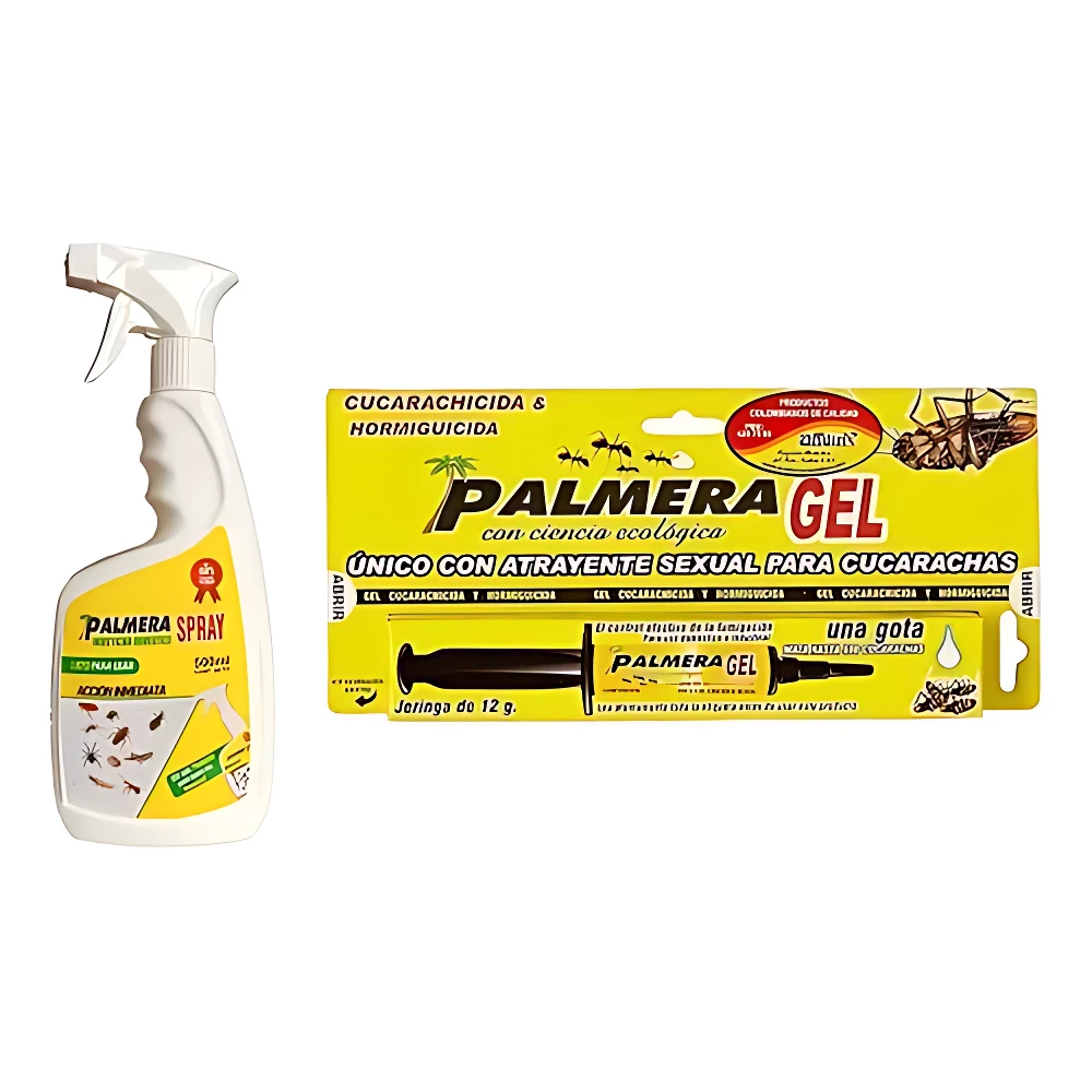 Pack de control de cucarachas Palmera: botella spray blanca con etiqueta amarilla y caja de gel en presentación de 12 g, ambos con diseño amarillo y negro, enfocados en eliminación ecológica.