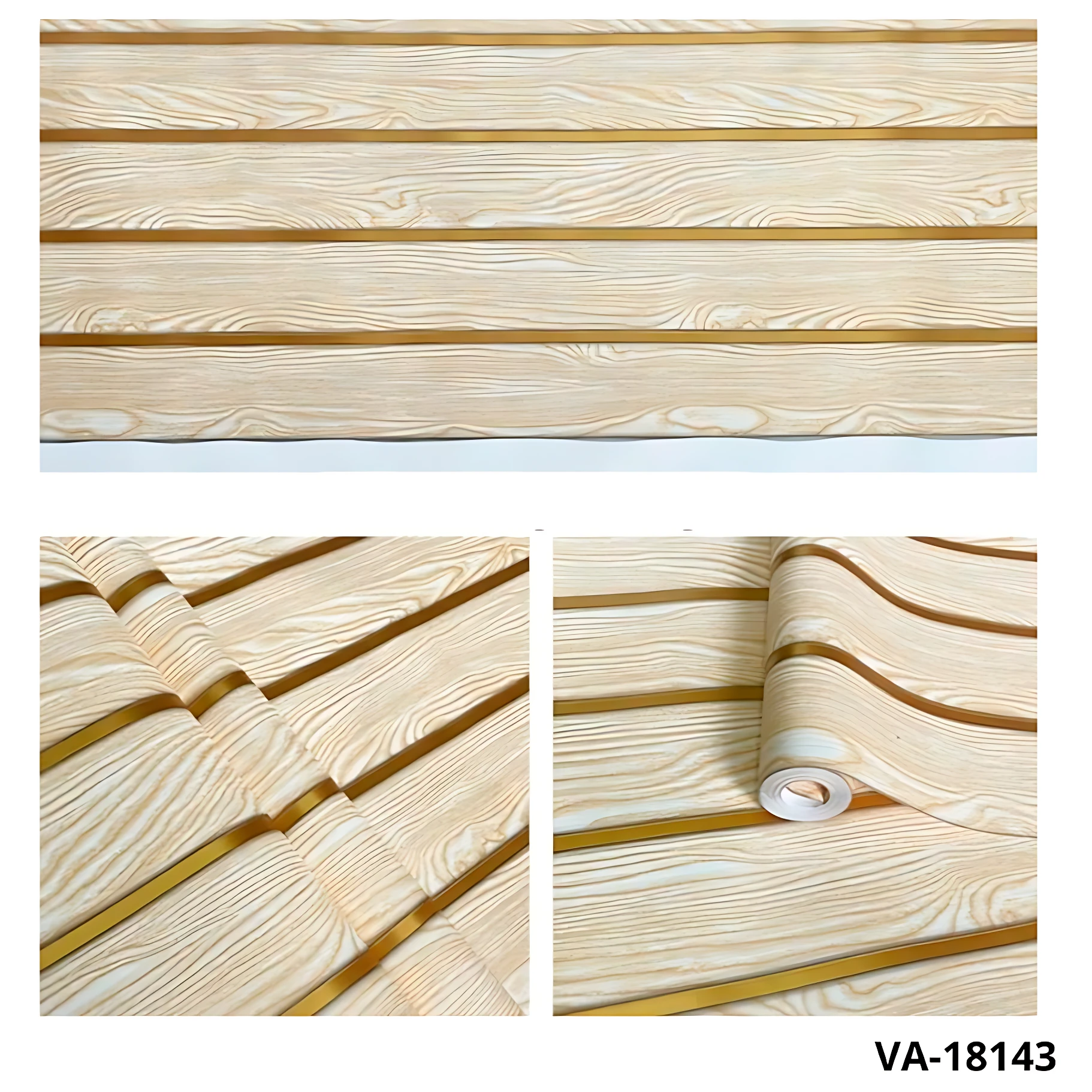 Papel adhesivo decorativo con textura de madera en listones horizontales, tonos claros y detalles de veta natural, mostrado desplegado y enrollado.