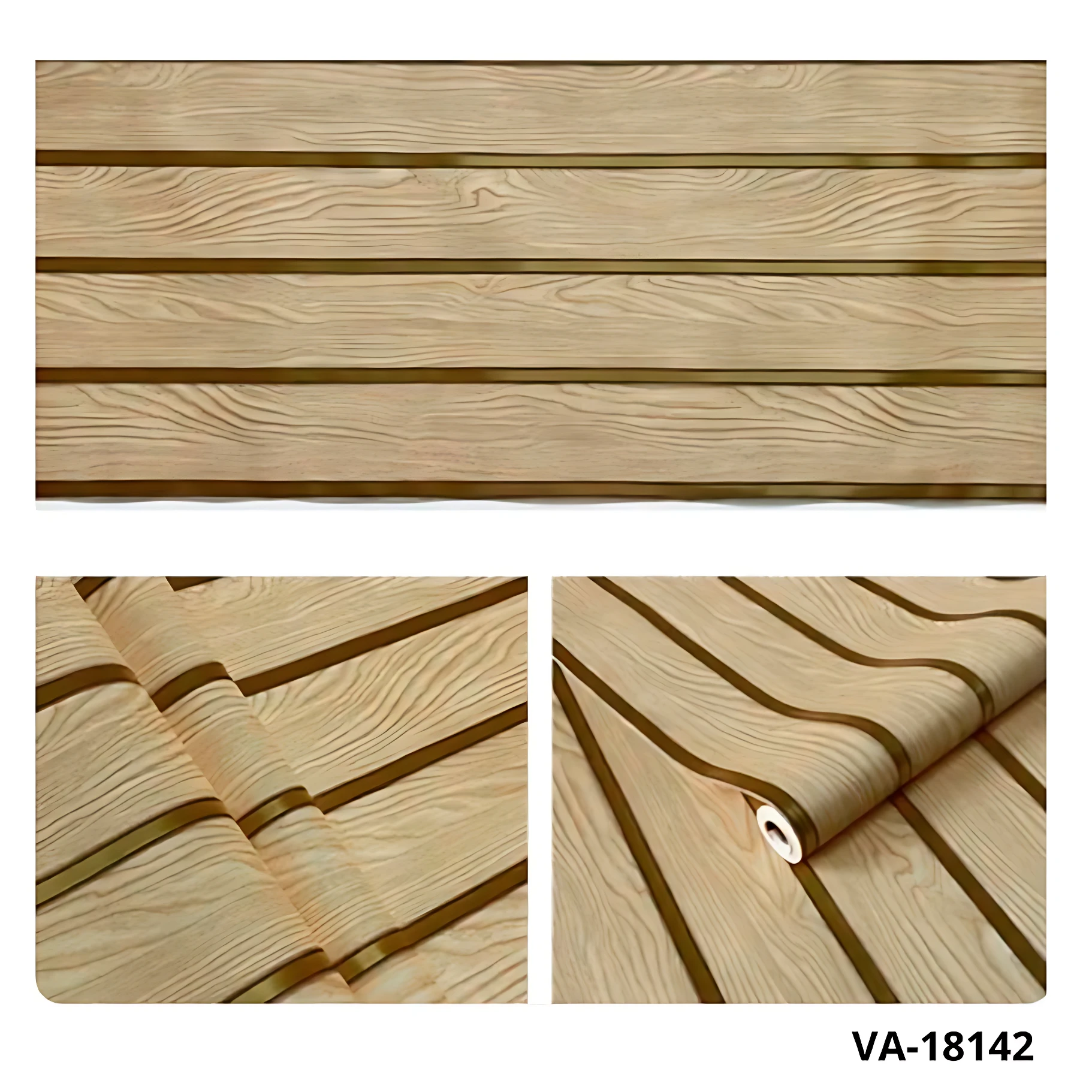 Papel adhesivo decorativo con diseño de listones de madera clara, mostrando textura natural y acabado en tres vistas: plana, enrollada y aplicada sobre superficie.