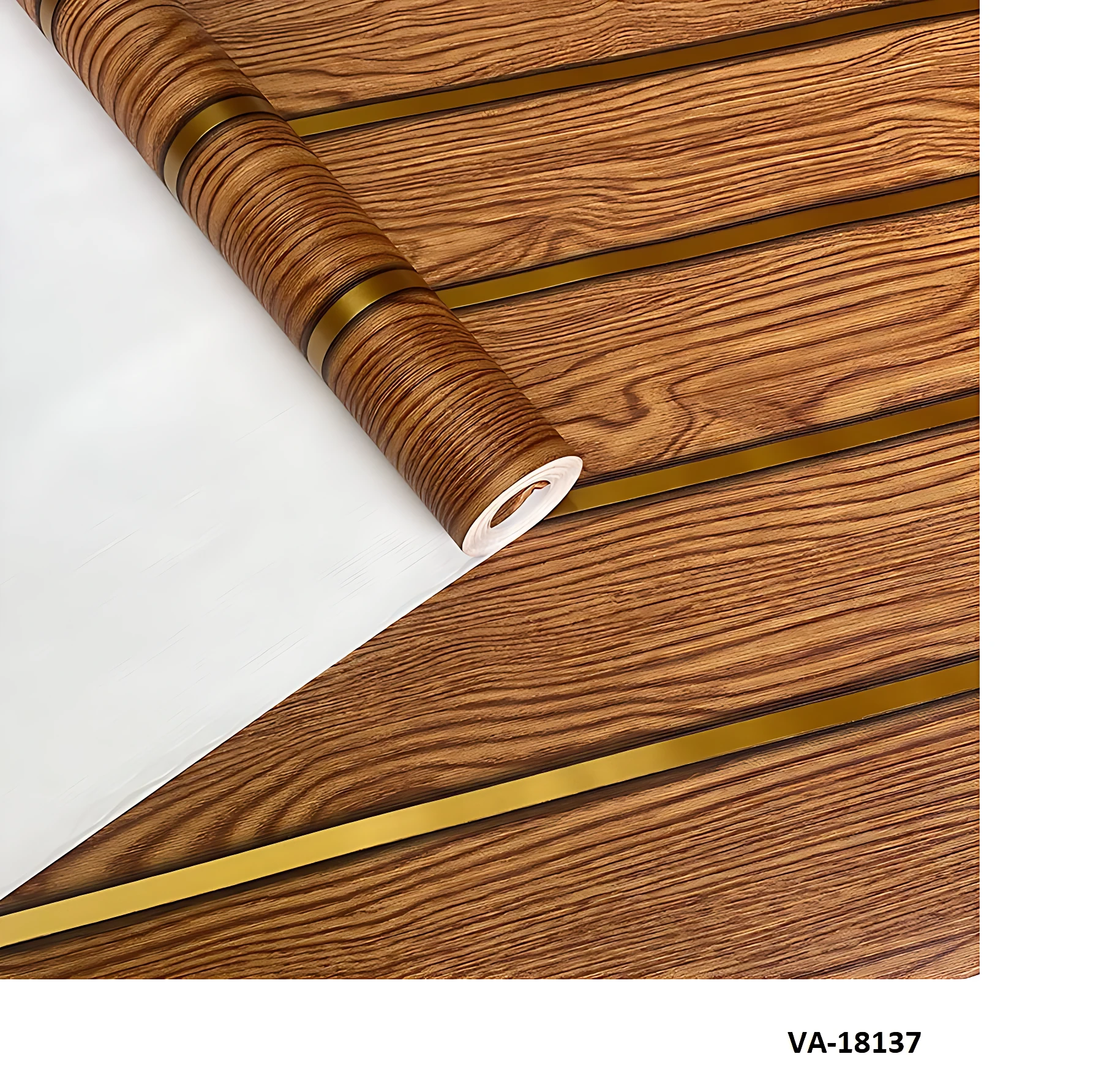 Papel adhesivo decorativo con diseño de madera en listones y vetas naturales, mostrando textura realista y acabado cálido para paredes interiores.