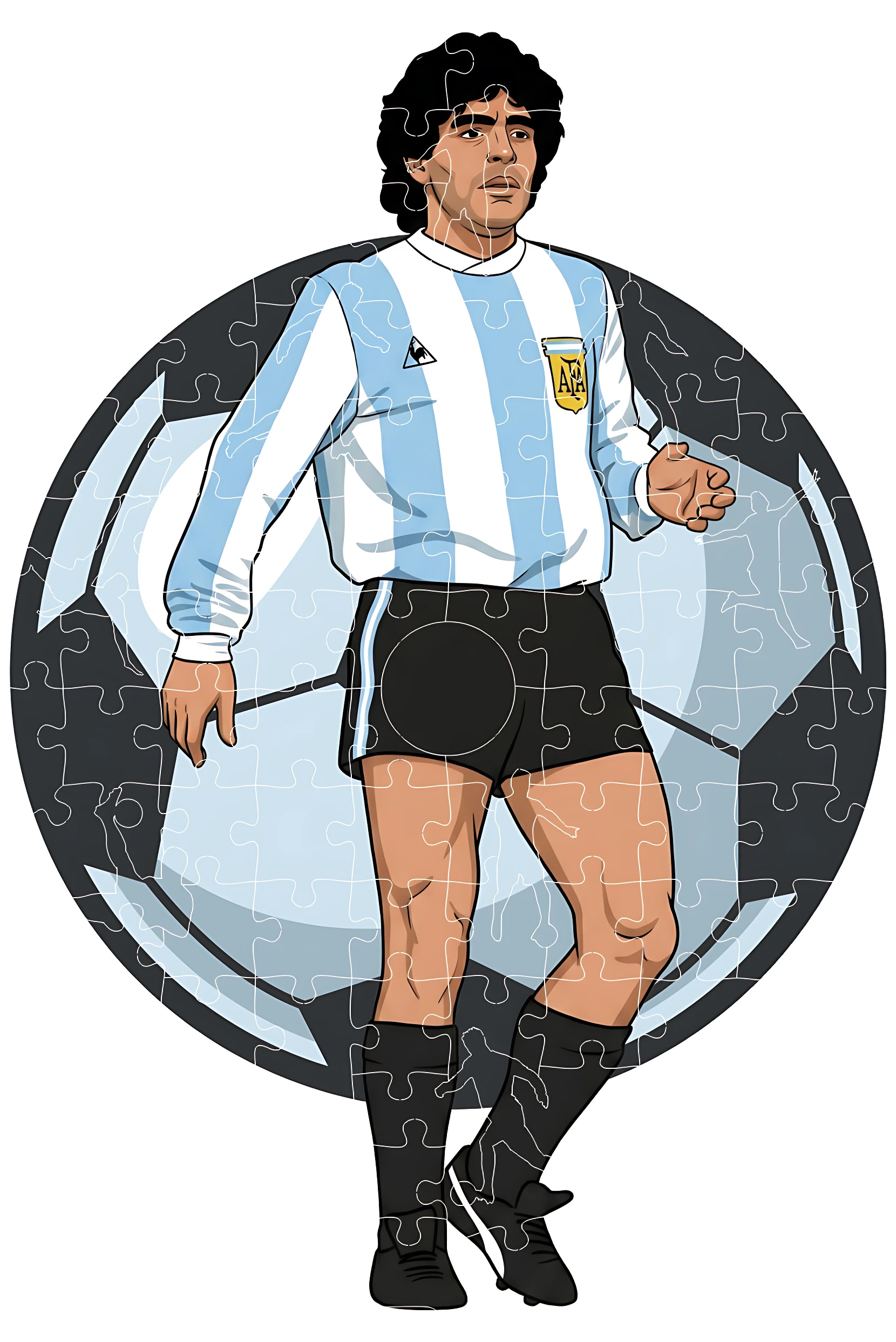 Rompecabezas de fútbol en MDF con de Diego Maradona en uniforme de la selección argentina, sobre fondo de balón, diseño de piezas.