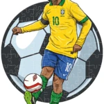 Rompecabezas de fútbol con Ronaldinho en camiseta amarilla número 10 de Brasil, sobre fondo de balón, con textura de piezas de rompecabezas visibles.