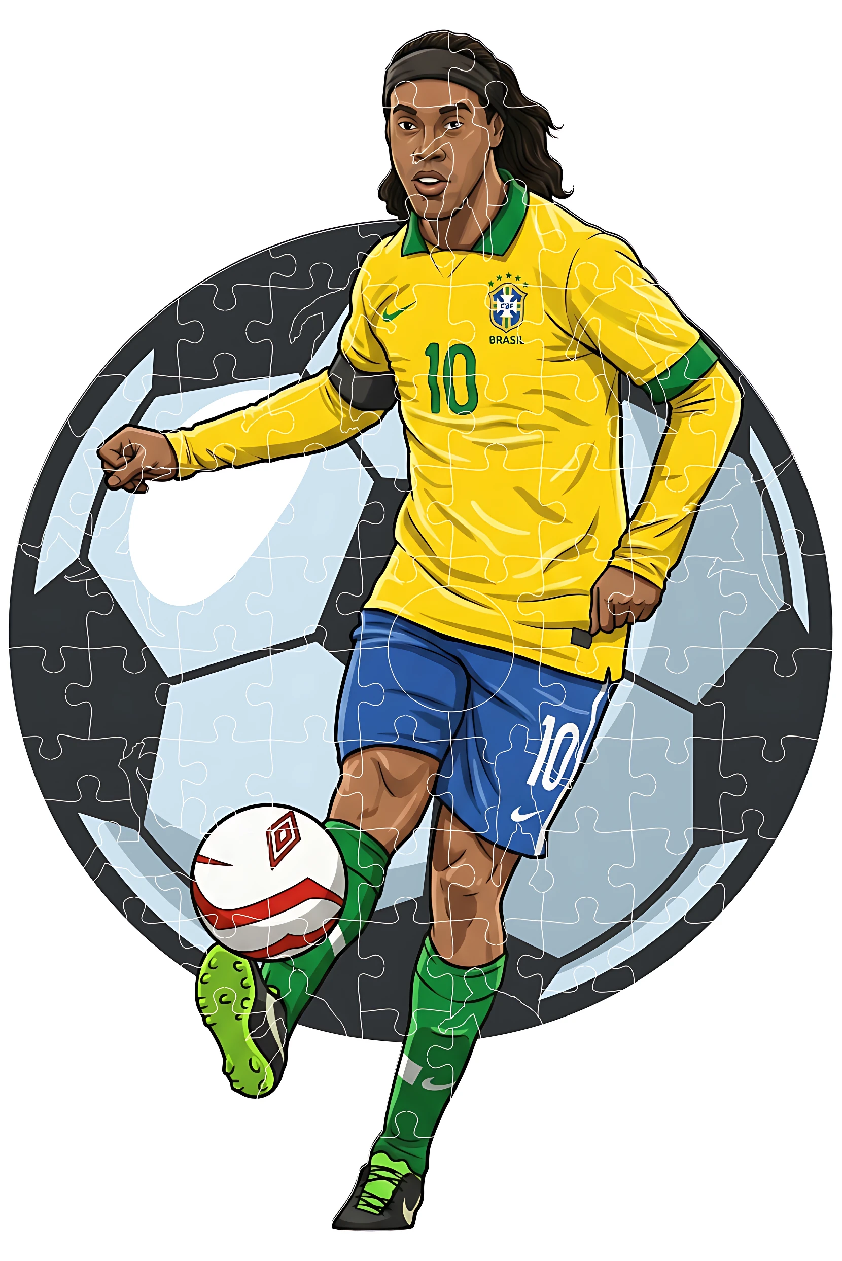 Rompecabezas de fútbol con Ronaldinho en camiseta amarilla número 10 de Brasil, sobre fondo de balón, con textura de piezas de rompecabezas visibles.