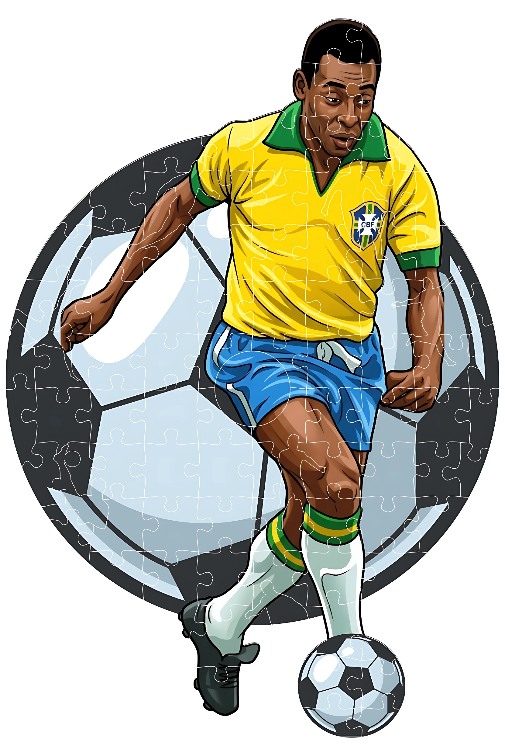 Rompecabezas de fútbol con de jugador brasileño en acción, camiseta amarilla y pantalón azul, controlando balón sobre fondo de balón, textura de piezas.