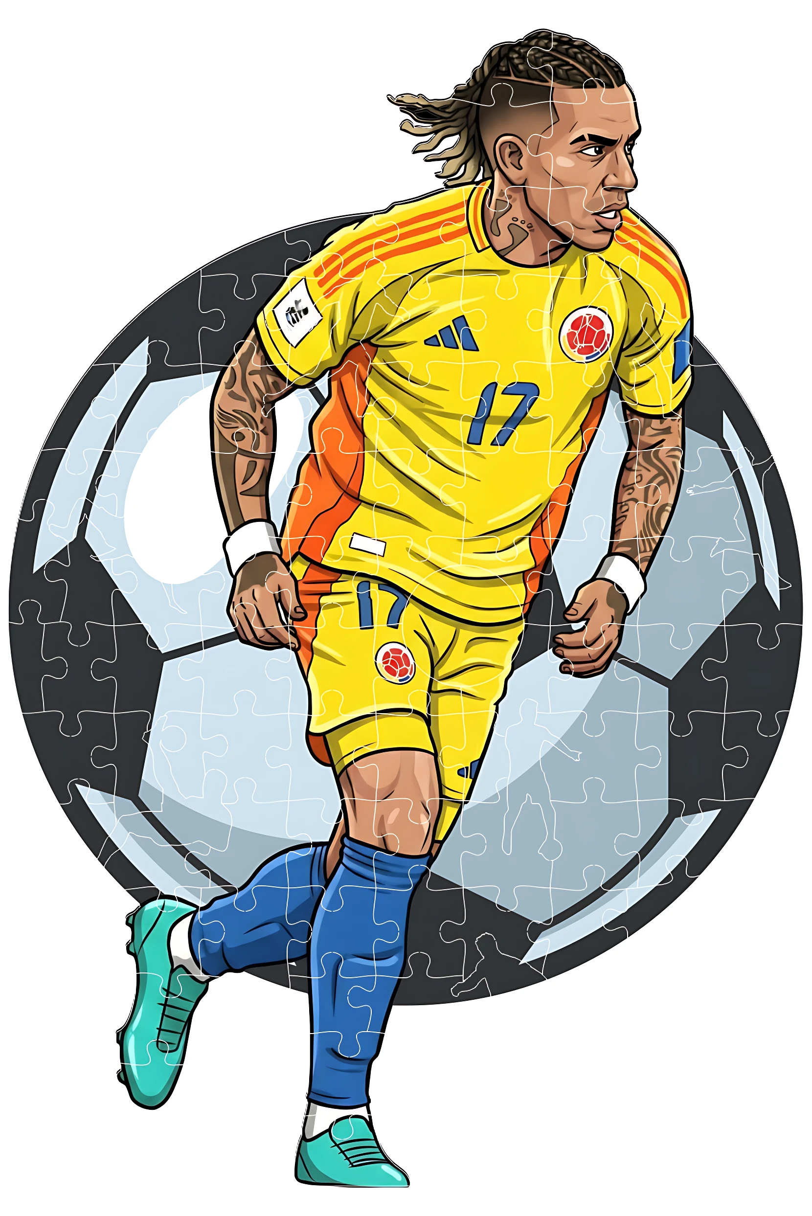 Rompecabezas de fútbol con de jugador en camiseta amarilla número 17, calcetines azules y botas turquesa, sobre fondo de balón con líneas de piezas visibles.