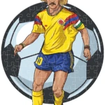 Rompecabezas de fútbol con jugador colombiano en camiseta amarilla y shorts azules número 10, sobre fondo de balón gigante, MDF para decoración.