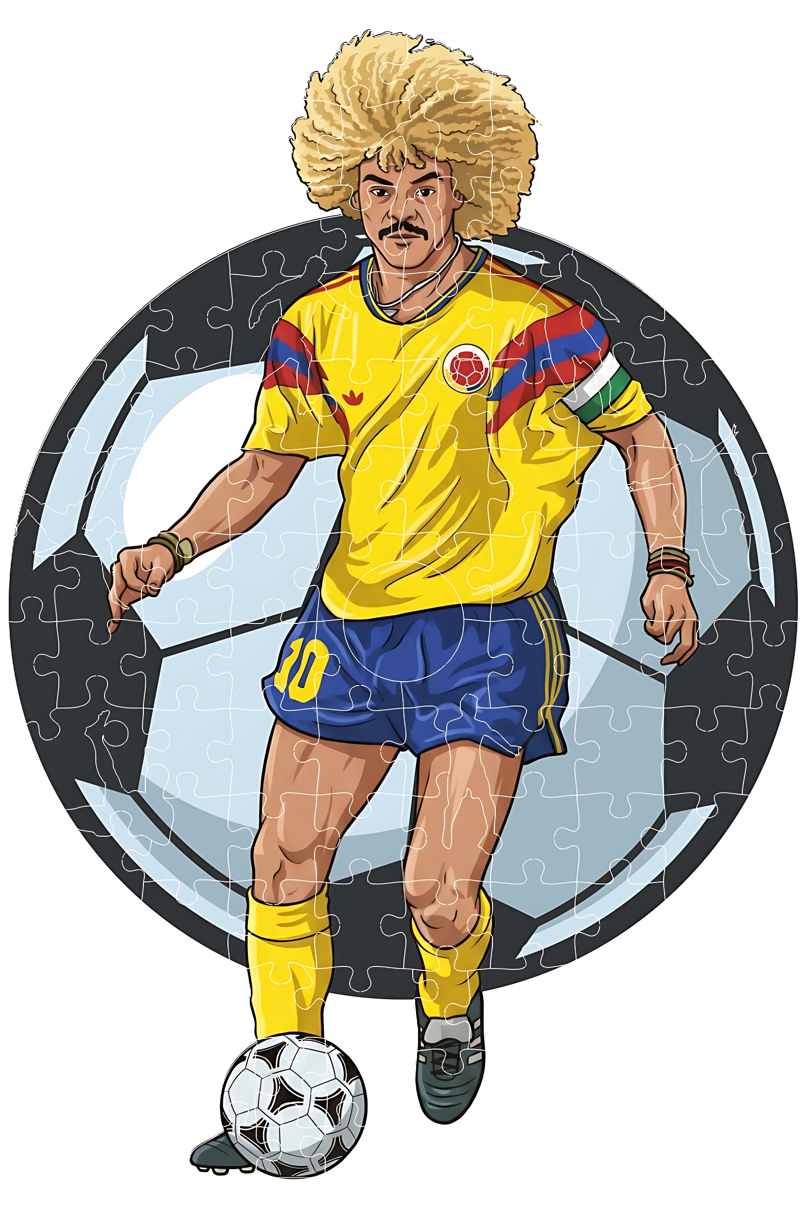 Rompecabezas de fútbol con jugador colombiano en camiseta amarilla y shorts azules número 10, sobre fondo de balón gigante, MDF para decoración.