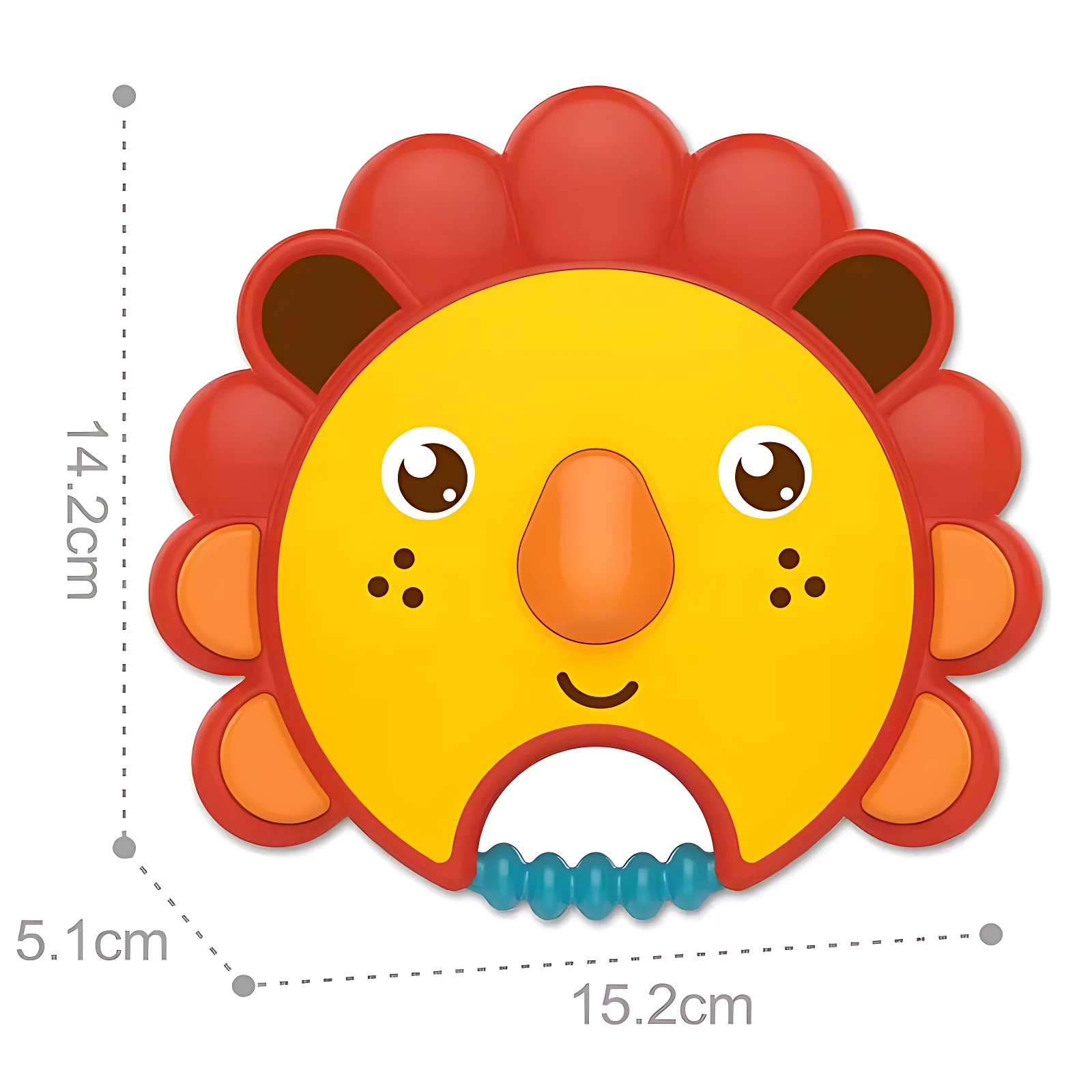 Pandereta musical infantil con diseño de león amarillo y melena roja, medidas 14,2 cm de alto por 15,2 cm de ancho, incluye dientes de goma azules para morder.