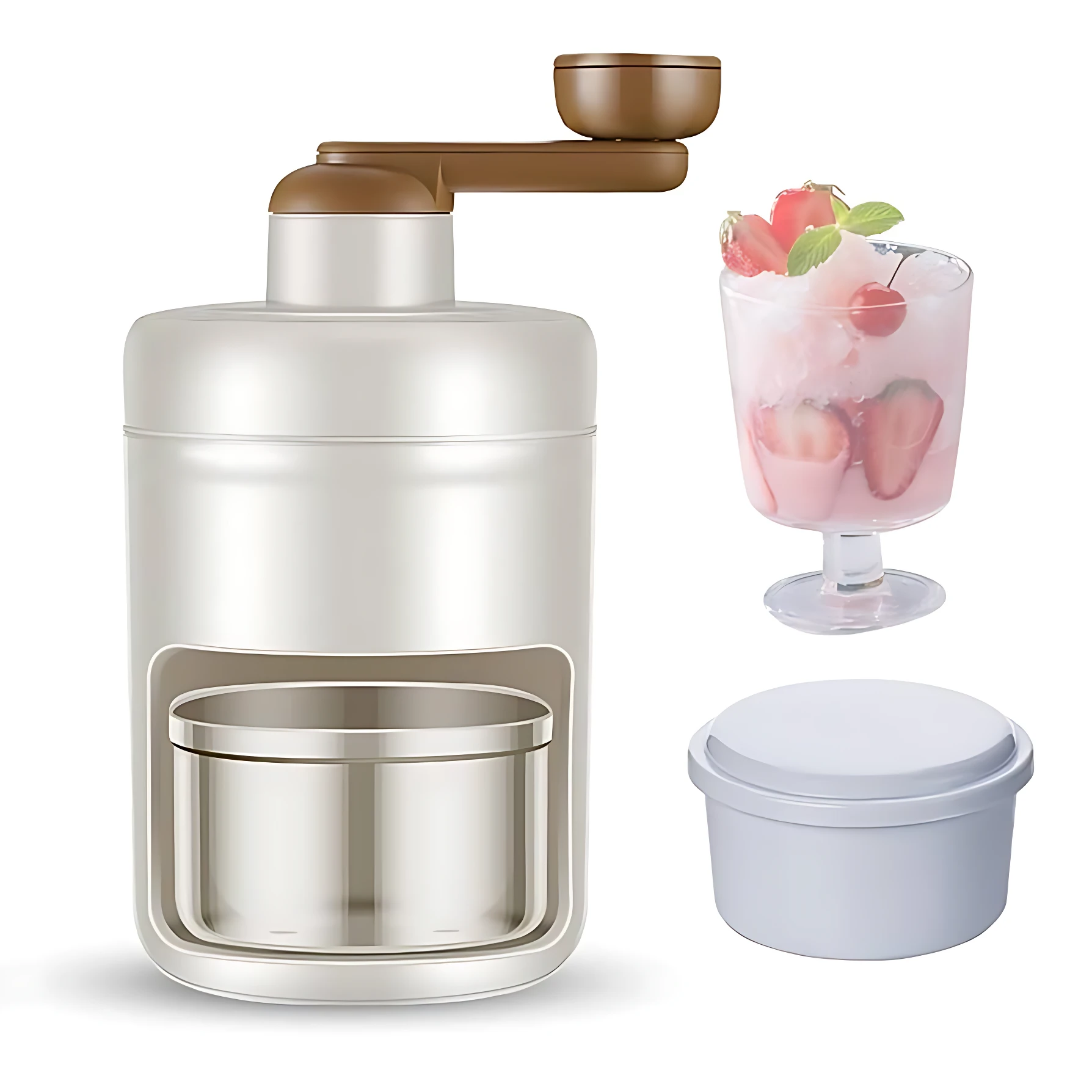 Picador de hielo manual en color blanco con mango marrón. Se aprecia el contenedor metálico interior y un recipiente de almacenamiento extra. Incluye ejemplo de uso con bebida rosa y hielo triturado en vaso.