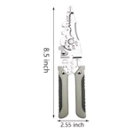 Pinza multifuncional de acero aleación con mango ergonómico en gris y negro, mostrando medidas de 8.5 pulgadas de largo y 2.55 pulgadas de ancho.