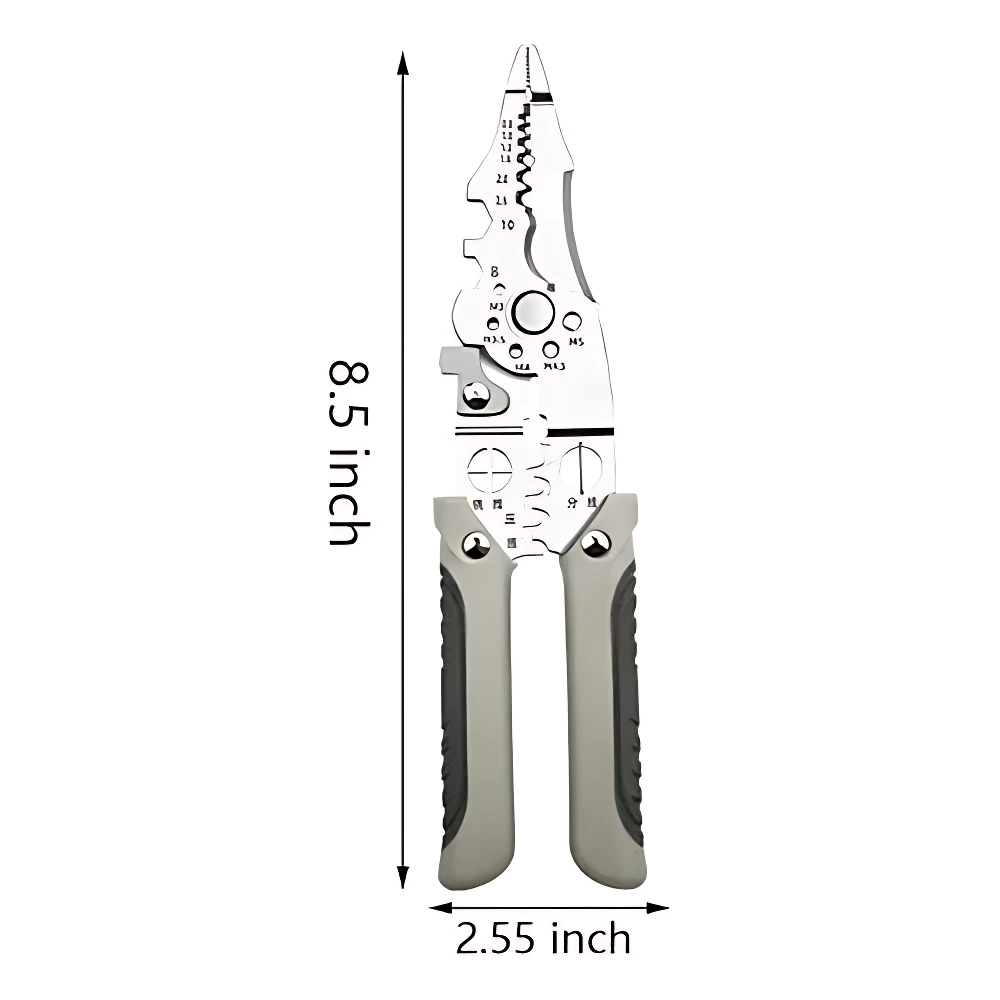 Pinza multifuncional de acero aleación con mango ergonómico en gris y negro, mostrando medidas de 8.5 pulgadas de largo y 2.55 pulgadas de ancho.