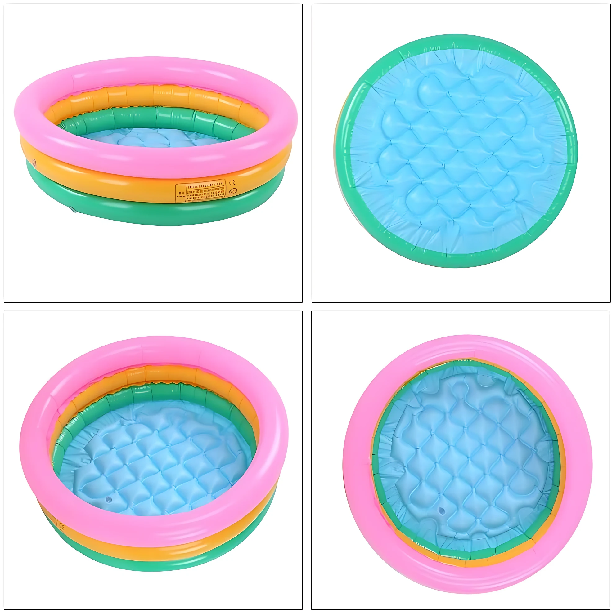 Piscina inflable para bebés Intex con bordes arcoíris y base texturizada azul, vista frontal y superior.