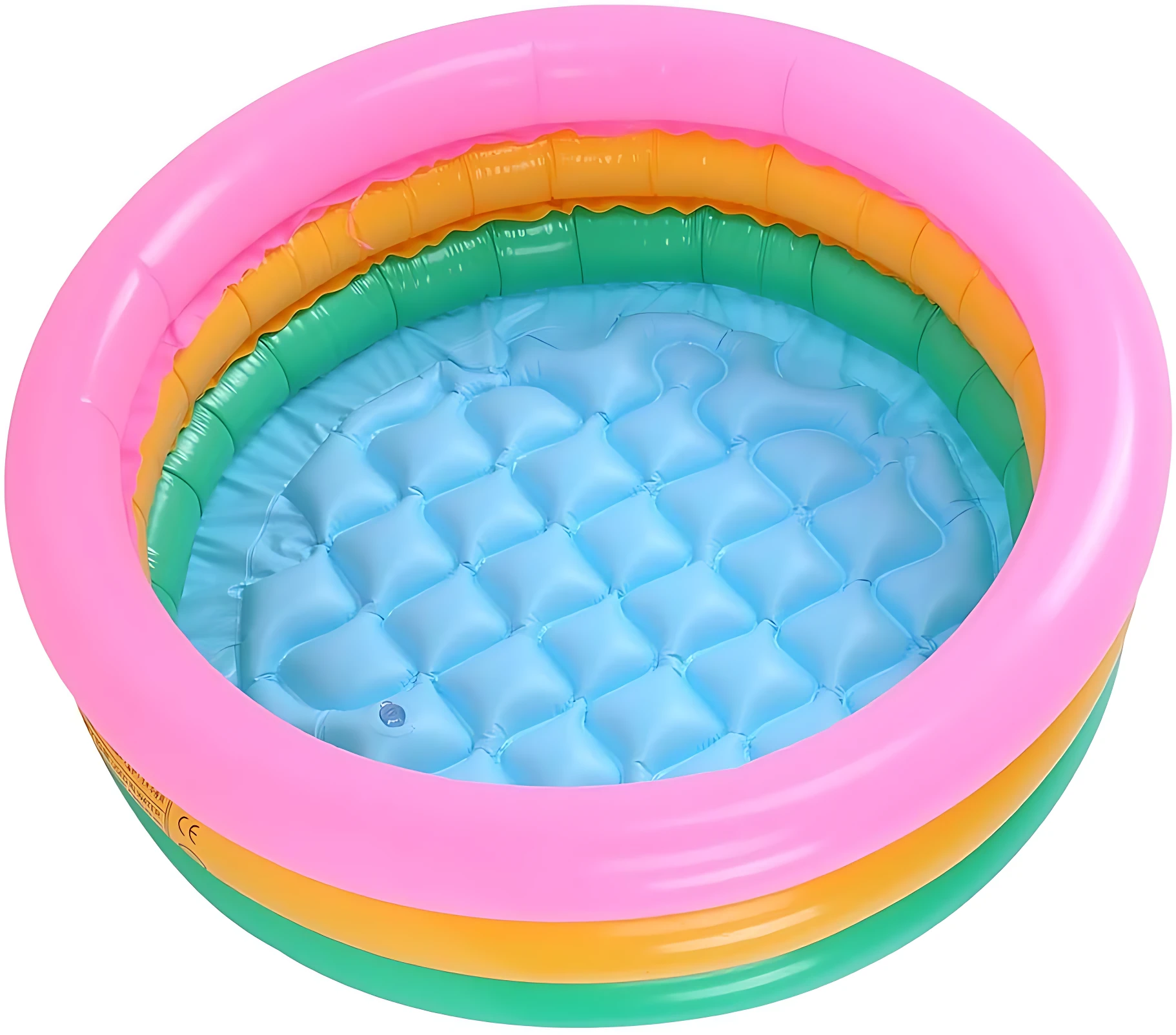 Piscina inflable para bebés Intex con bordes en rosa, naranja y verde, fondo azul texturizado y diseño circular.