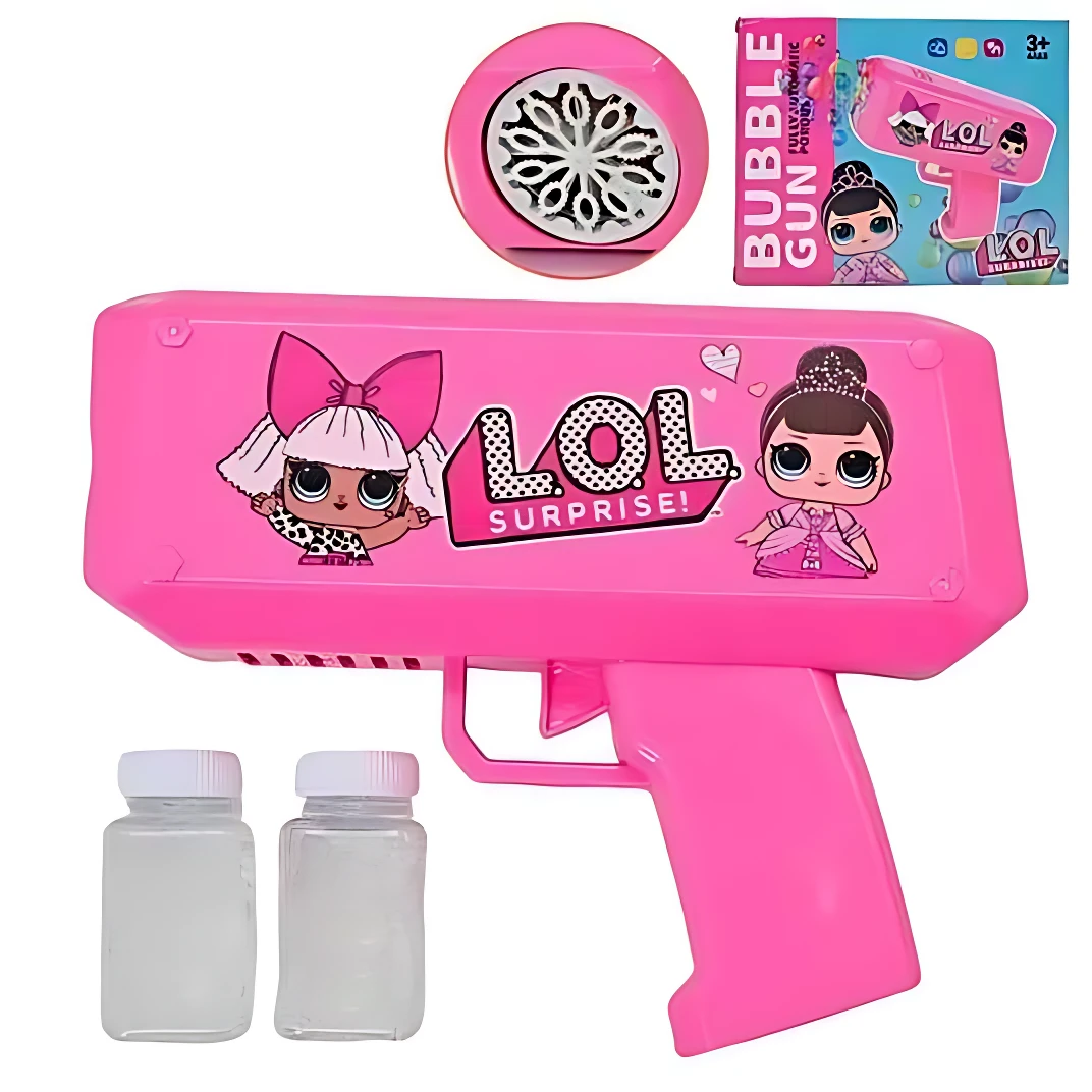 Pistola de burbujas automática rosa con personajes Lol Surprise, incluye dos botellas de líquido y accesorio de repuesto.