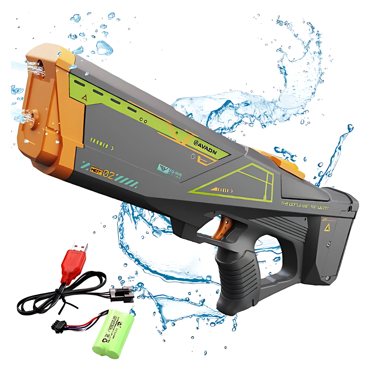 Pistola eléctrica de chorro con recarga USB automática, en color naranja y gris, con efectos de agua en el fondo. Incluye cable USB y batería recargable.