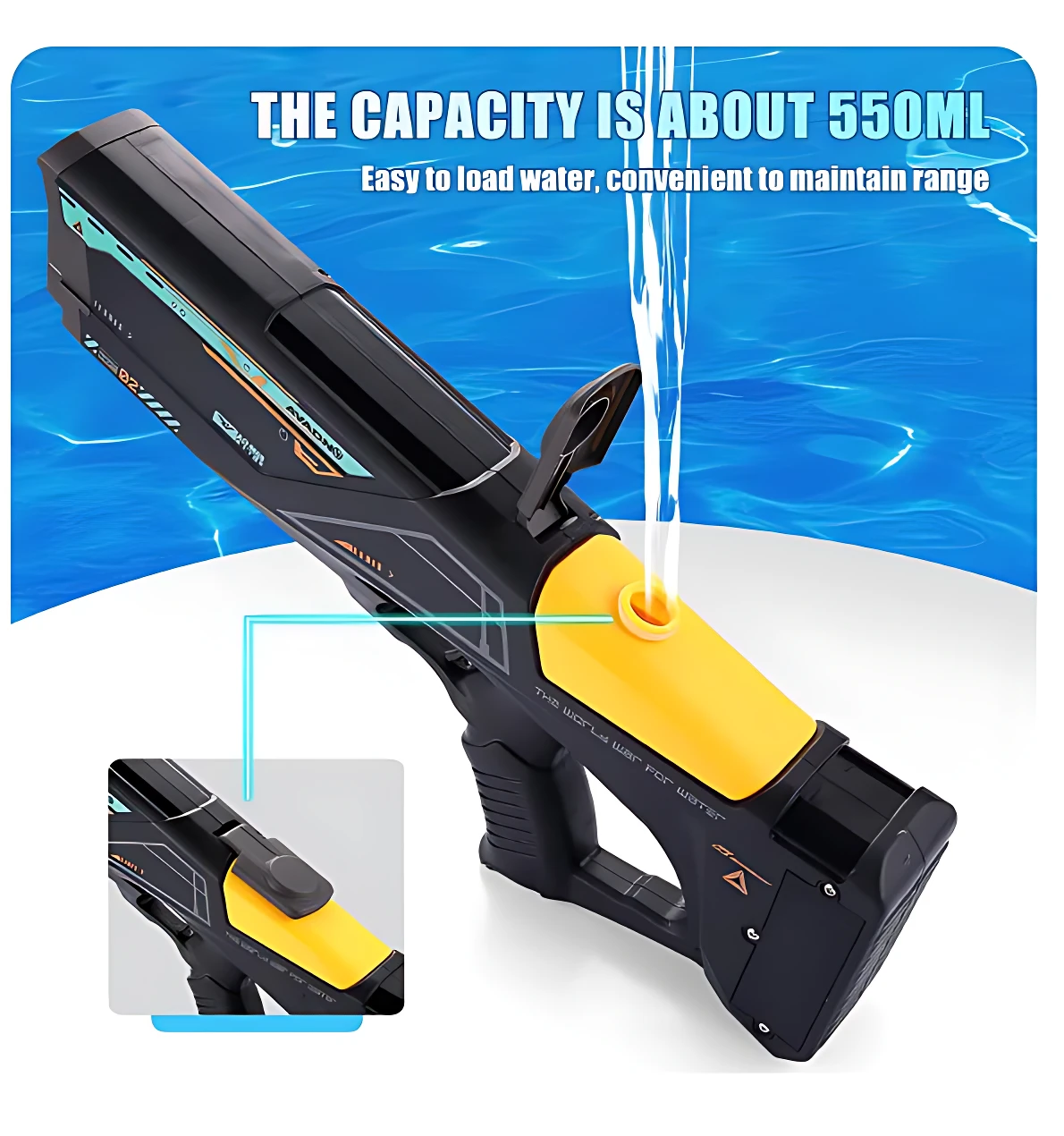 Pistola eléctrica de chorro con recarga automática, color negro y amarillo, capacidad de 550 ml, mostrando llenado automático de agua.