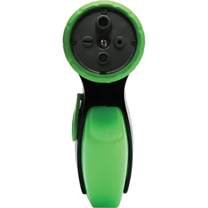 Vista superior de pistola para mangueras 4 en 1 con jabón integrado, cuerpo verde brillante y detalles negros, con boquillas intercambiables visibles en la cabeza.