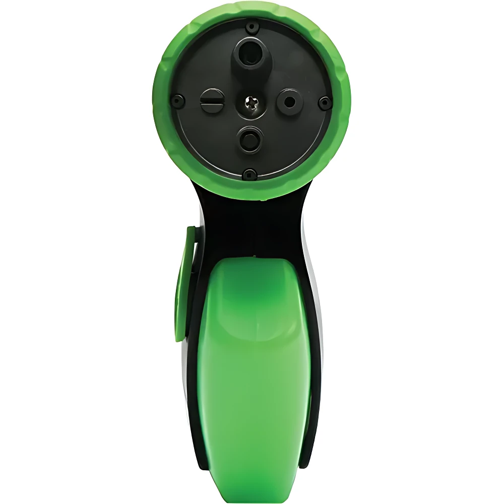 Vista superior de pistola para mangueras 4 en 1 con jabón integrado, cuerpo verde brillante y detalles negros, con boquillas intercambiables visibles en la cabeza.