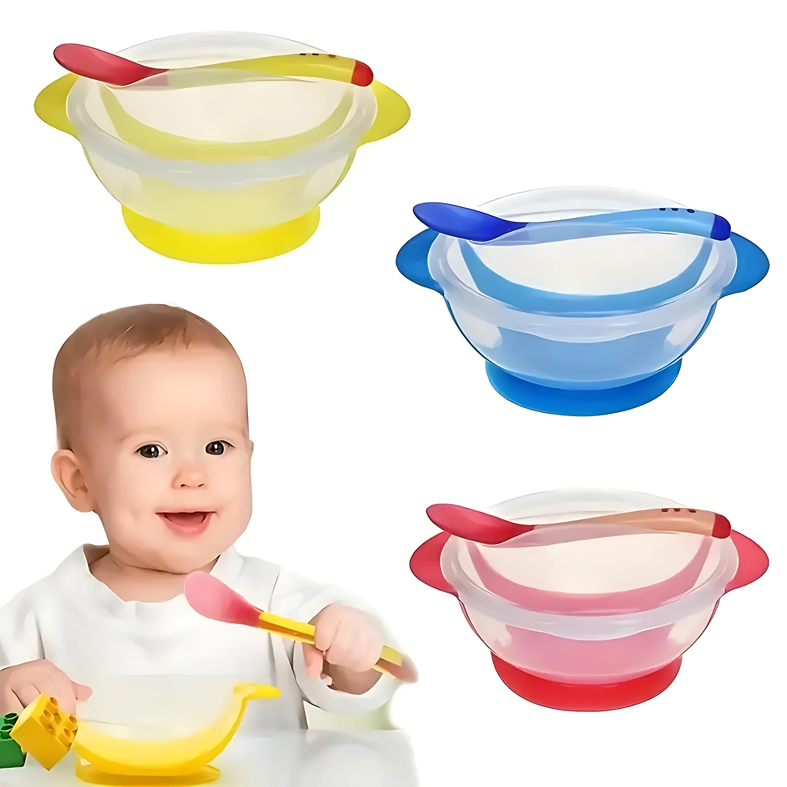 Set de tres platos antiderrame con cuchara para bebé en amarillo, azul y rosa, con base antideslizante y diseño ergonómico para facilitar la autonomía.