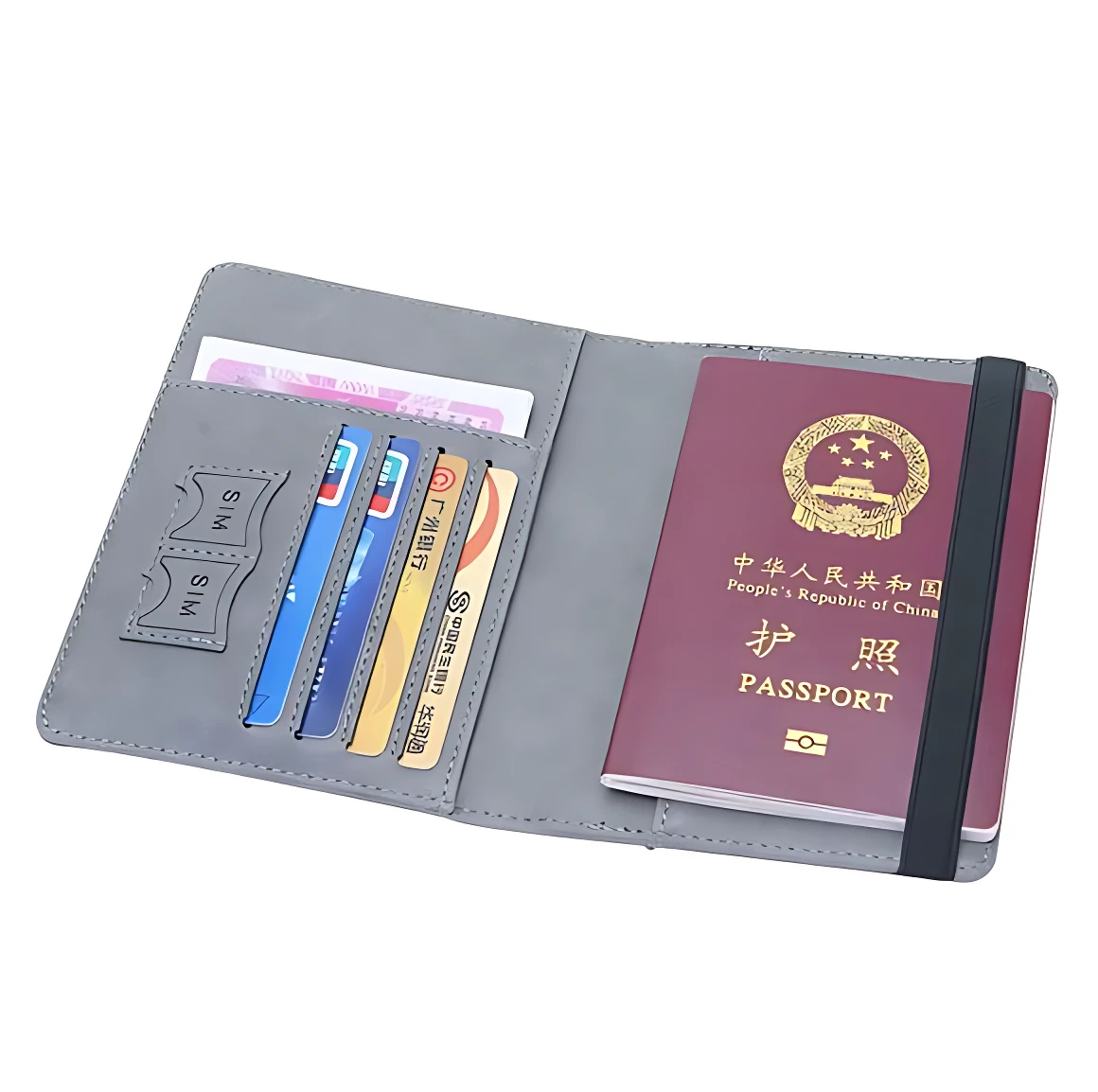 Protector pasaporte abierto en color gris, mostrando interior con ranuras para tarjetas y espacio para documentos. Incluye pasaporte chino visible y banda elástica negra.