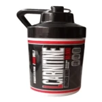 Porta proteína de 75 ml con asa y tapa negra, etiqueta L-Carnitine 60.000 mg, diseño compacto para transporte de suplementos sin derrames.