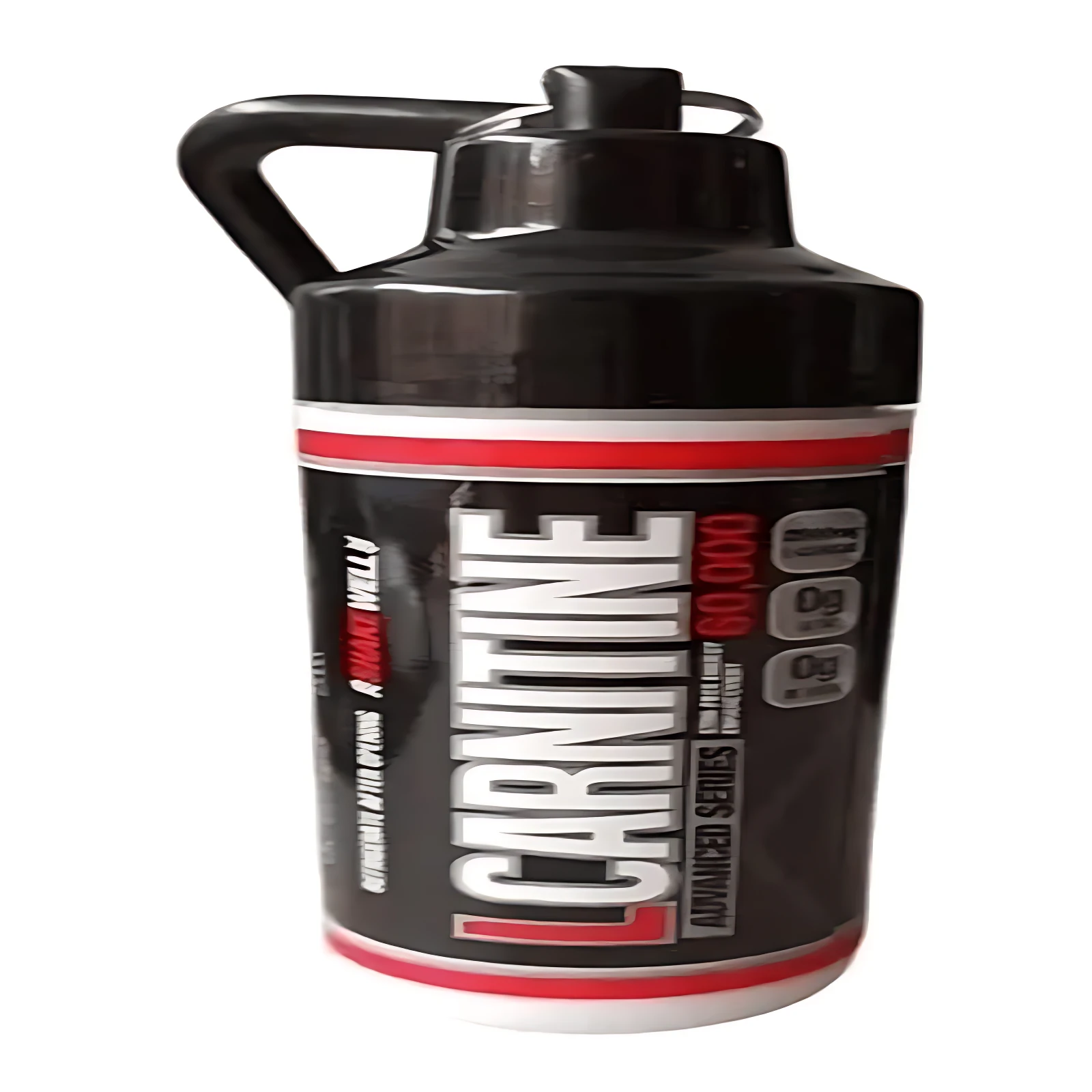 Porta proteína de 75 ml con asa y tapa negra, etiqueta L-Carnitine 60.000 mg, diseño compacto para transporte de suplementos sin derrames.