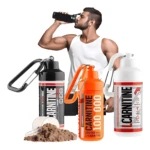 Set de dos botellas porta proteína de 75 ml con carabinas, en colores negro, naranja y blanco, mostrando polvo de suplemento y hombre bebiendo.